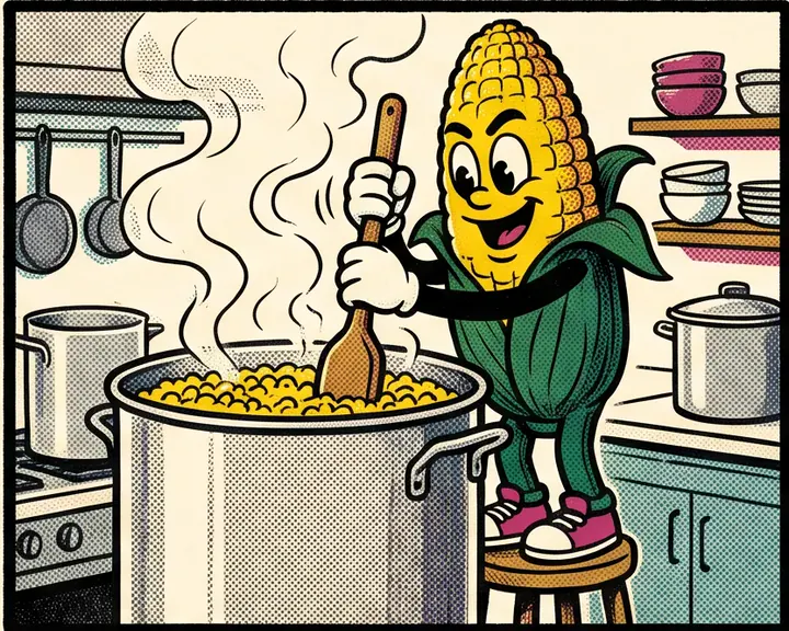 Chingadito stirring corn in a large steaming kitchen pot