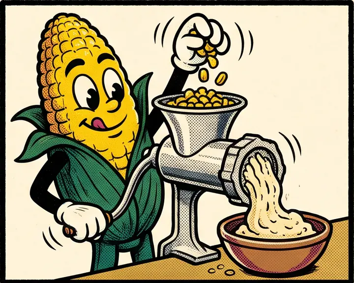 Chingadito grinding cooked corn into fresh masa
