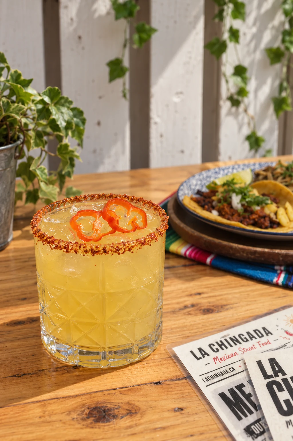 A diamond-cut rocks glass margarita on La Chingada’s patio beside tacos